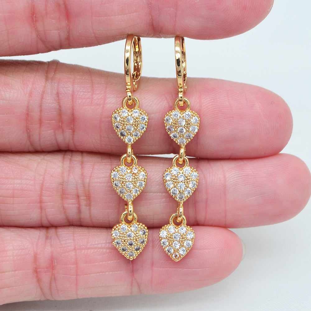 Wholesale Gold Plated Women Black Zircon CZ Love Hearts Dangle Earrings Jewelry