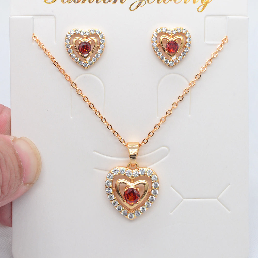 Wholesale Gold Plated Women Red Zircon CZ Love Heart Jewelry Set