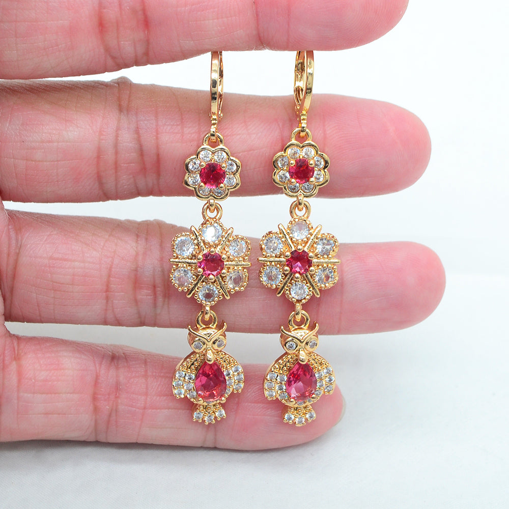 Wholesale Gold Plated Women Rose Red Zircon CZ Long Owl Dangle Earrings Jewelry