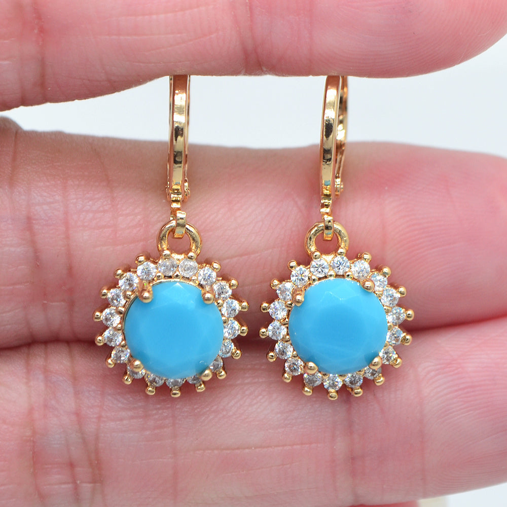 Wholesale Gold Plated Women Blue Zircon CZ Halo Round Dangle Earrings Jewelry