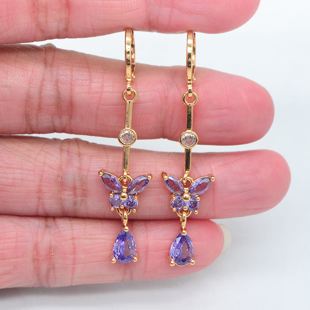 Wholesale Gold Plated Women Purple Zircon CZ Long Butterfly Dangle Earrings Jewelry