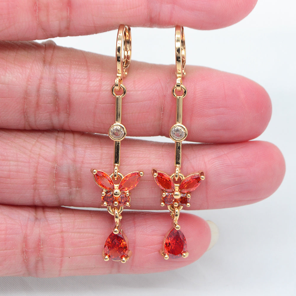 Wholesale Gold Plated Women Purple Zircon CZ Long Butterfly Dangle Earrings Jewelry