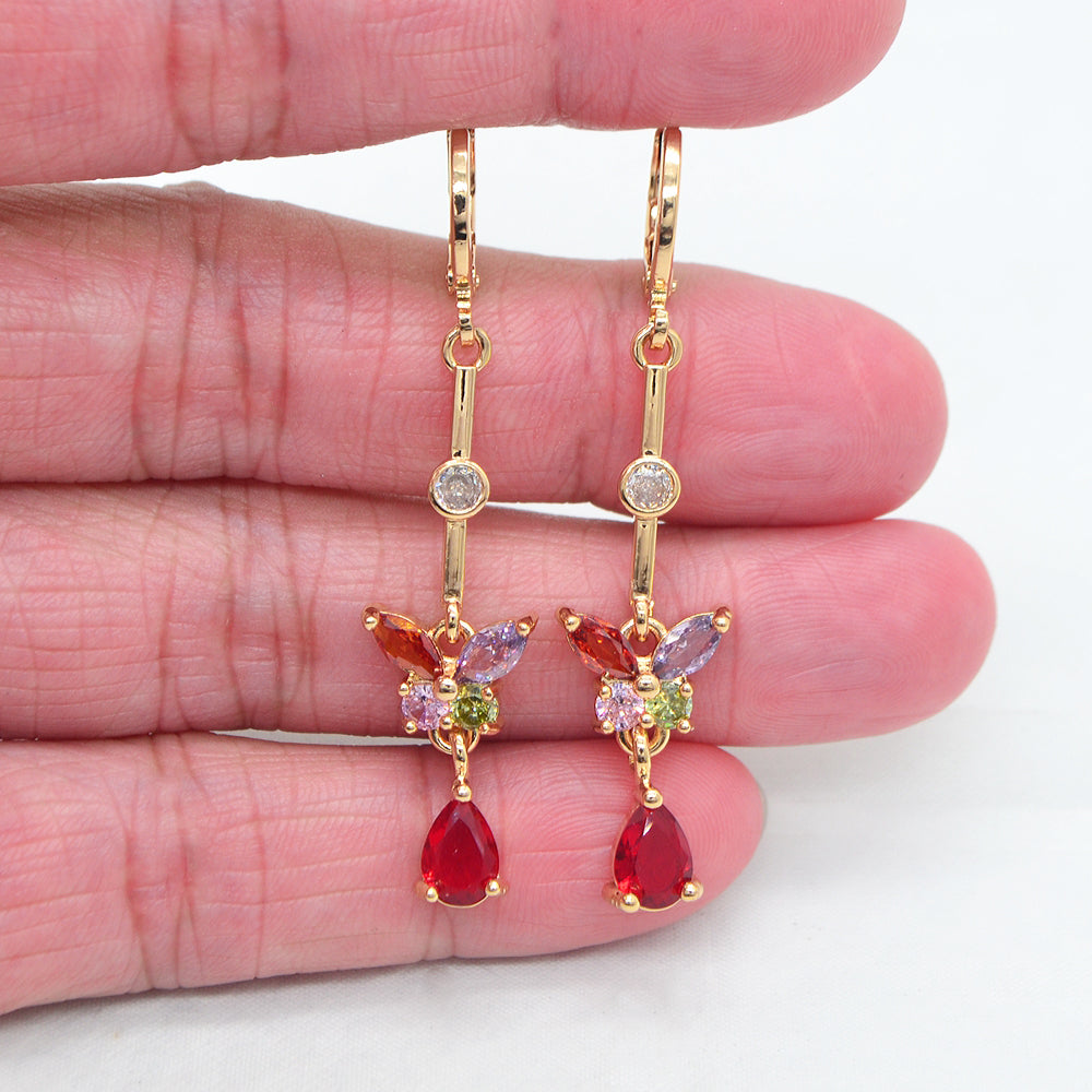 Wholesale Gold Plated Women Purple Zircon CZ Long Butterfly Dangle Earrings Jewelry