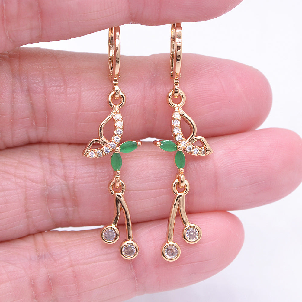 Wholesale Gold Plated Women Green Zircon CZ Butterfly Dangle Earrings Jewelry
