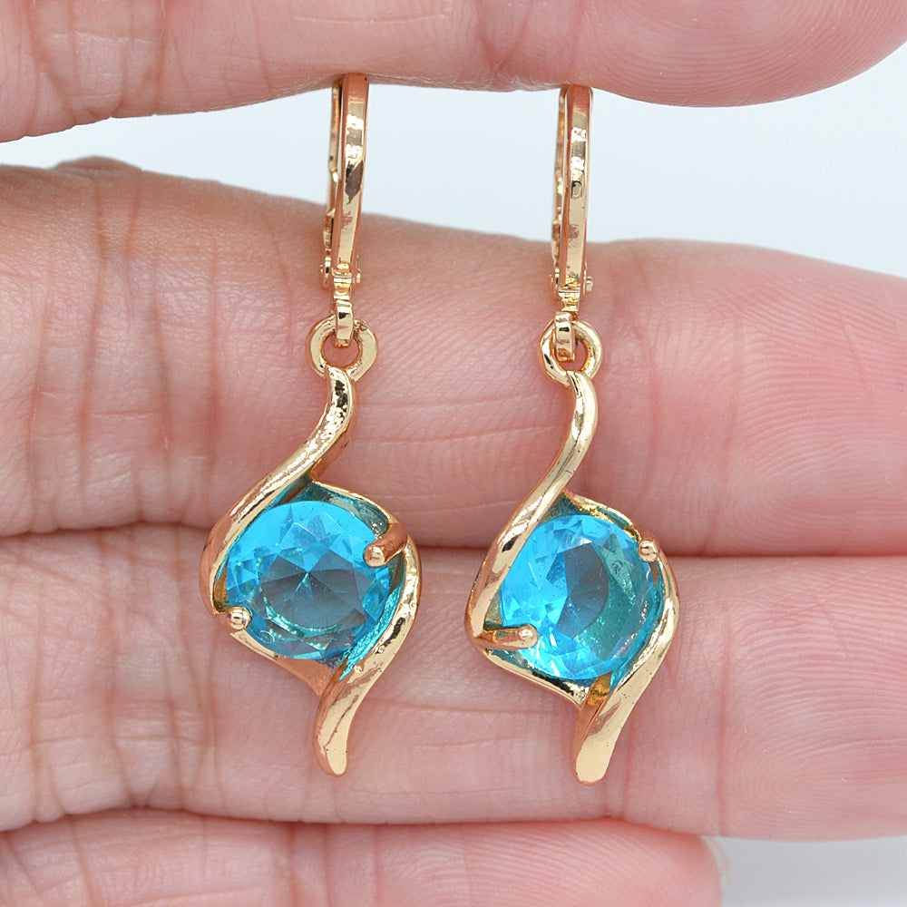 Wholesale Gold Plated Women Simple Blue Zircon CZ Heart Dangle Earrings Jewelry
