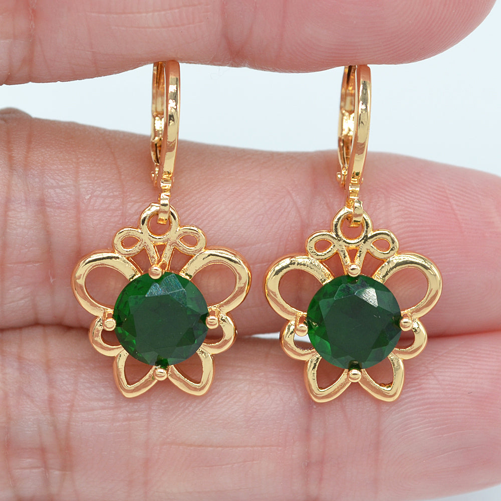 Wholesale Gold Plated Women Green Zircon CZ Fancy Flower Dangle Earrings Jewelry