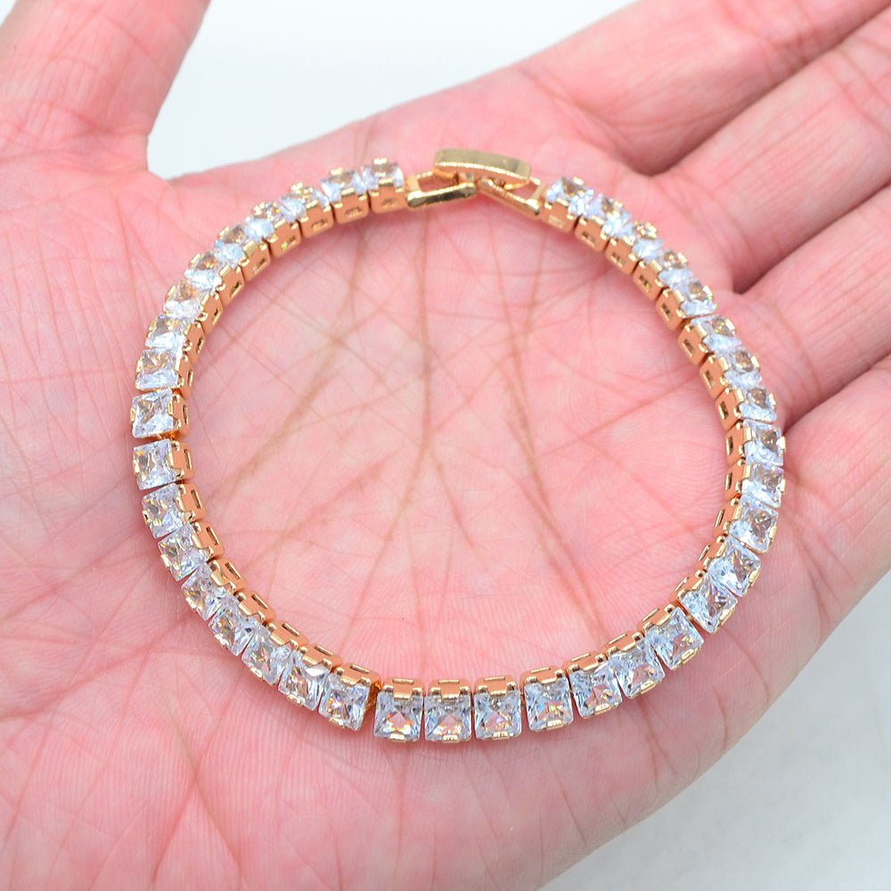 Wholesale Gold Plated Women Clear Zircon CZ Full Princess Stones Tennis Bracelet Jewelry