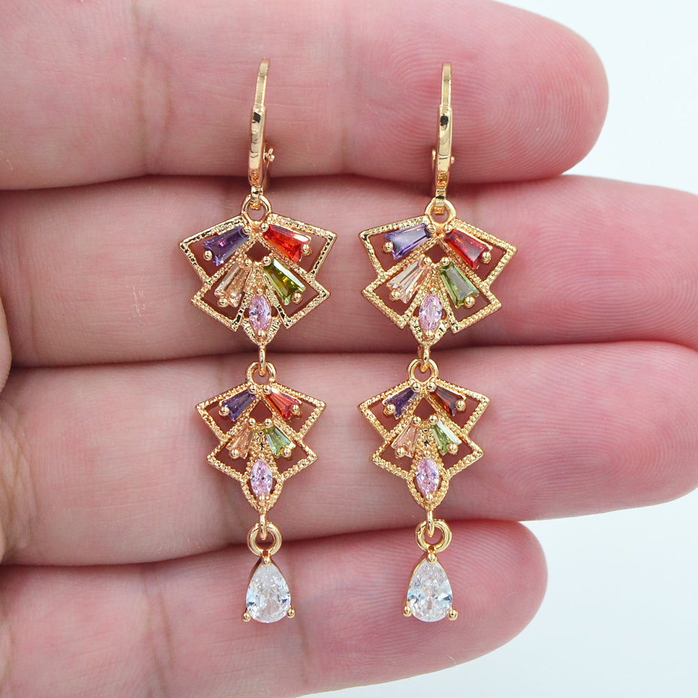 Wholesale Gold Plated Women Multicolor Zircon CZ Chandelier Dangle Earrings Jewelry