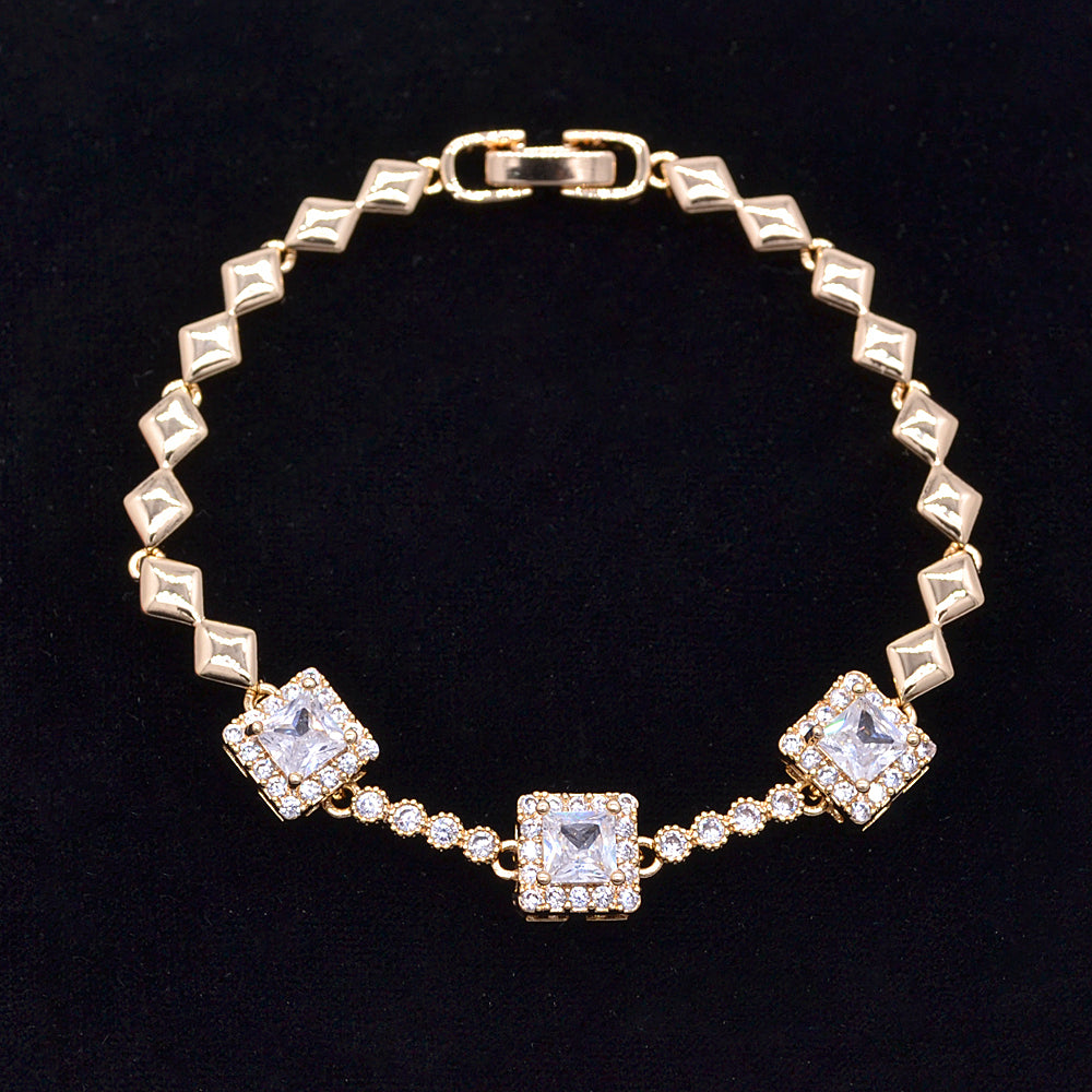 Wholesale Gold Plated Women Pink Zircon CZ Fashion Square Charm Bracelet Jewelry