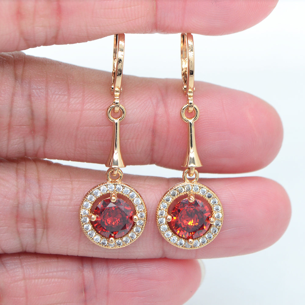 Wholesale Gold Plated Women Purple Zircon CZ Halo Round Dangle Earring Jewelry