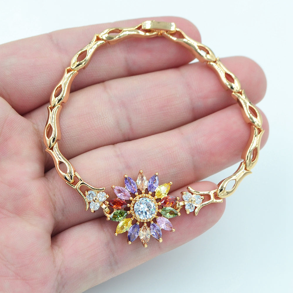 Wholesale Gold Plated Women Multicolor Zircon CZ Sunflower Charm Bracelet Jewelry