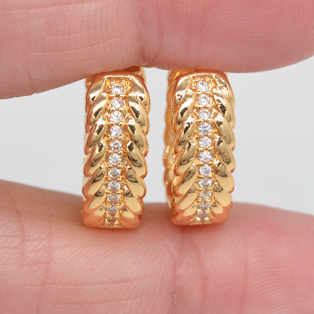 Wholesale Gold Plated Women Fashion Clear Zircon CZ Leaf Huggie Earrings Jewelry