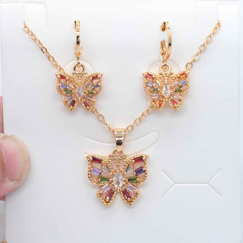 Wholesale Gold Plated Women Trendy Multicolor Zircon CZ Butterfly Jewelry Set