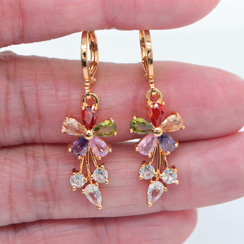 Wholesale Gold Plated Women Multicolor Zircon CZ Flower Dangle Earring Jewelry
