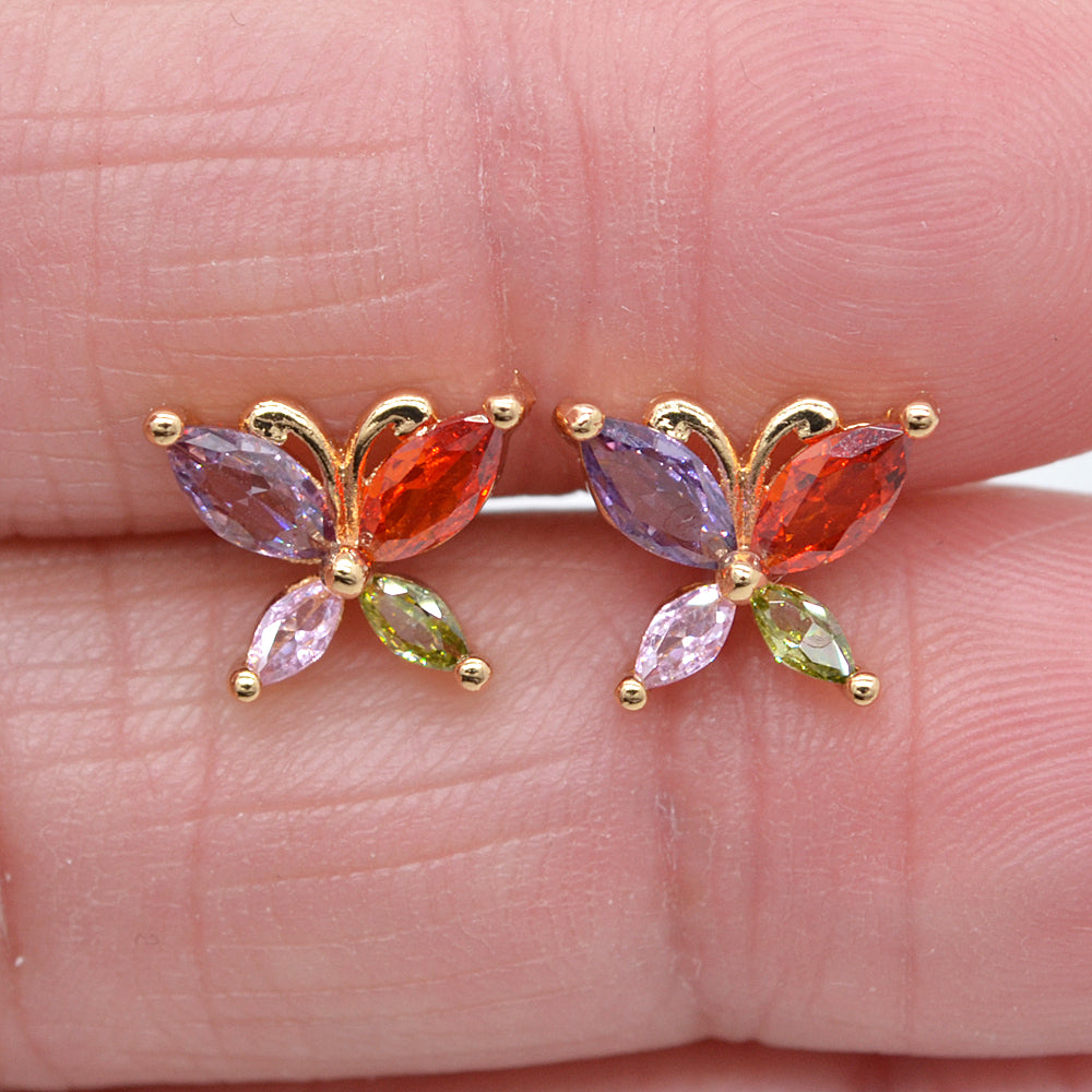 Wholesale Gold Plated Women Multicolor Zircon CZ Cute Butterfly Stud Earrings Jewelry