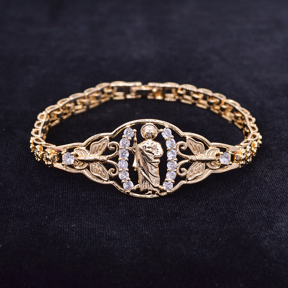 Wholesale Gold Plated Women Clear Zircon CZ Catholic Saint Jude San Judas Bracelet Jewelry