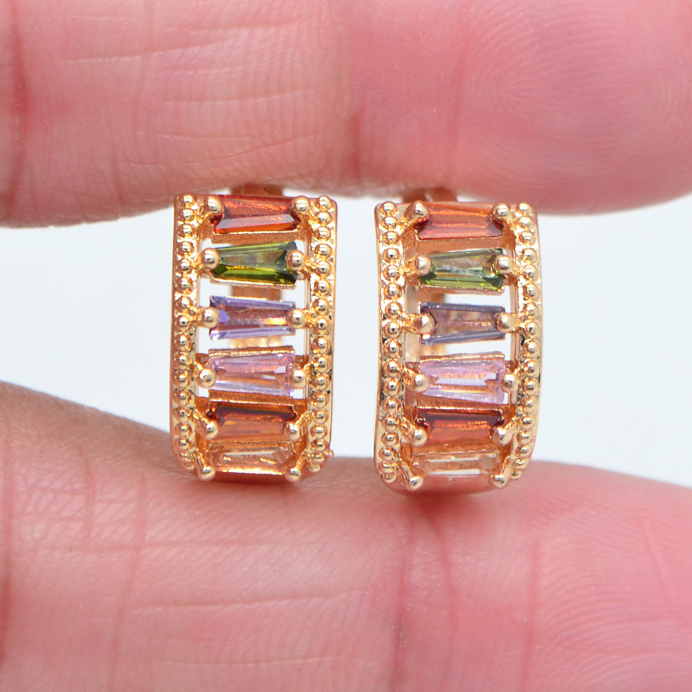 Wholesale Gold Plated Women Multicolor Zircon CZ Hollow Out Baguette Huggie Earrings Jewelry