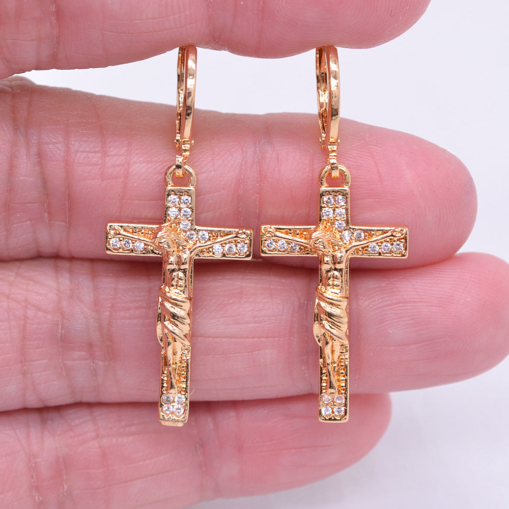 Wholesale Gold Plated Women Clear Zircon CZ Jesus Crucifix Cross Dangle Earrings Jewelry