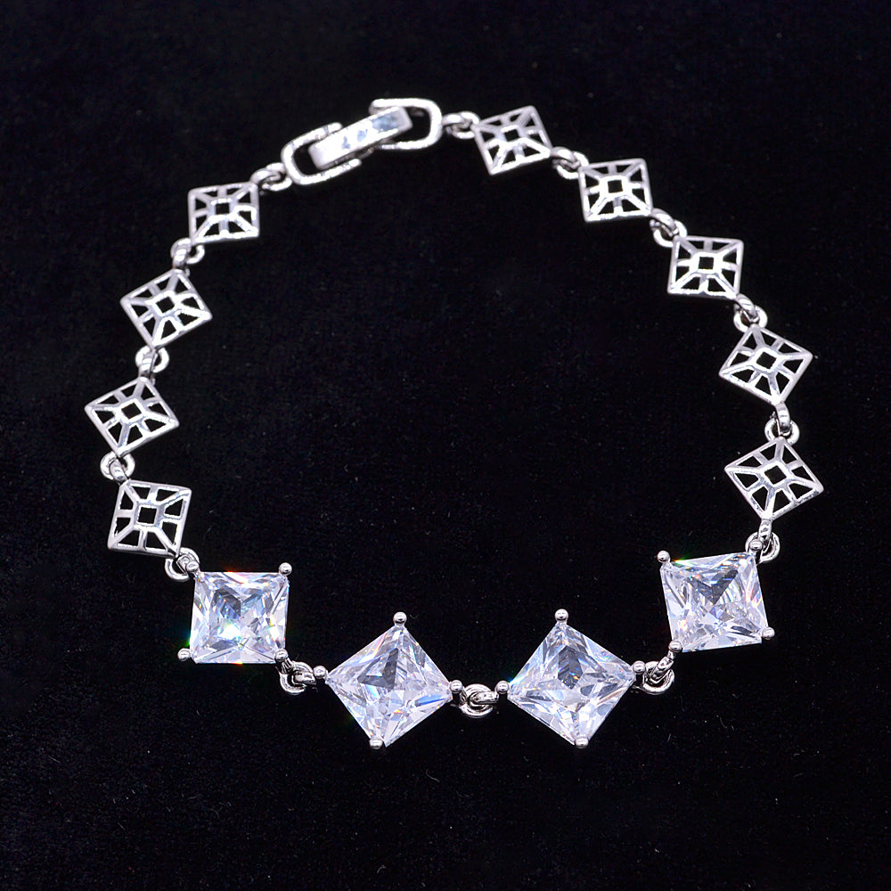 Wholesale White Gold Plated Women Clear Zircon CZ Lozenge Charm Bracelet Jewelry