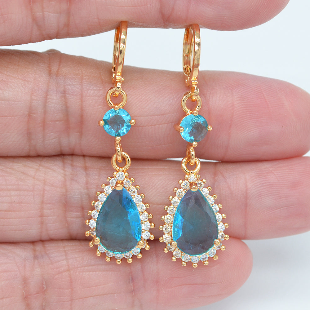 Wholesale Gold Plated Women Jade Blue Zircon CZ Teardrop Dangle Earrings Jewelry
