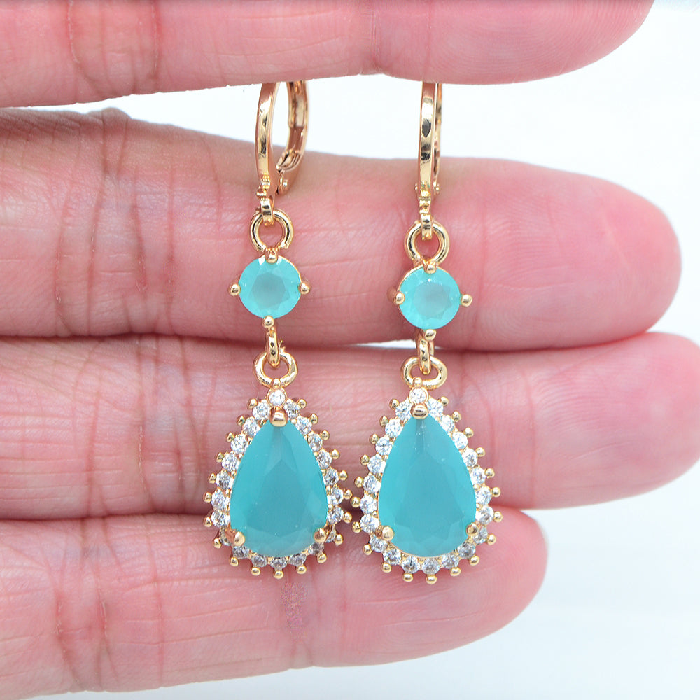 Wholesale Gold Plated Women Jade Blue Zircon CZ Teardrop Dangle Earrings Jewelry