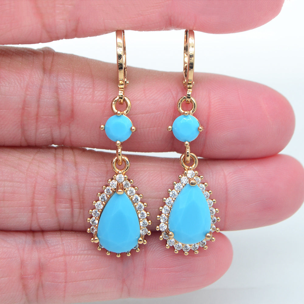 Wholesale Gold Plated Women Jade Blue Zircon CZ Teardrop Dangle Earrings Jewelry