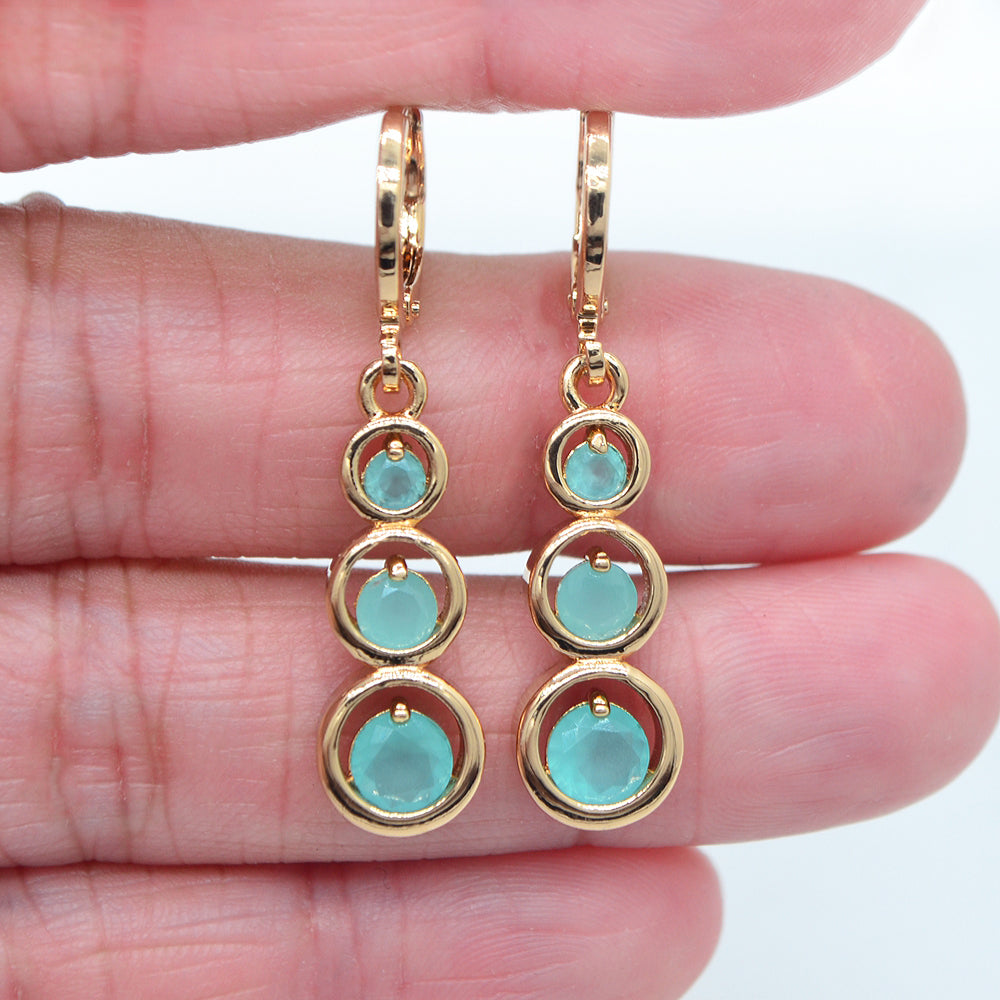 Wholesale Gold Plated Women Fashion Lake Blue Zircon CZ Round Dangle Earrings Jewelry