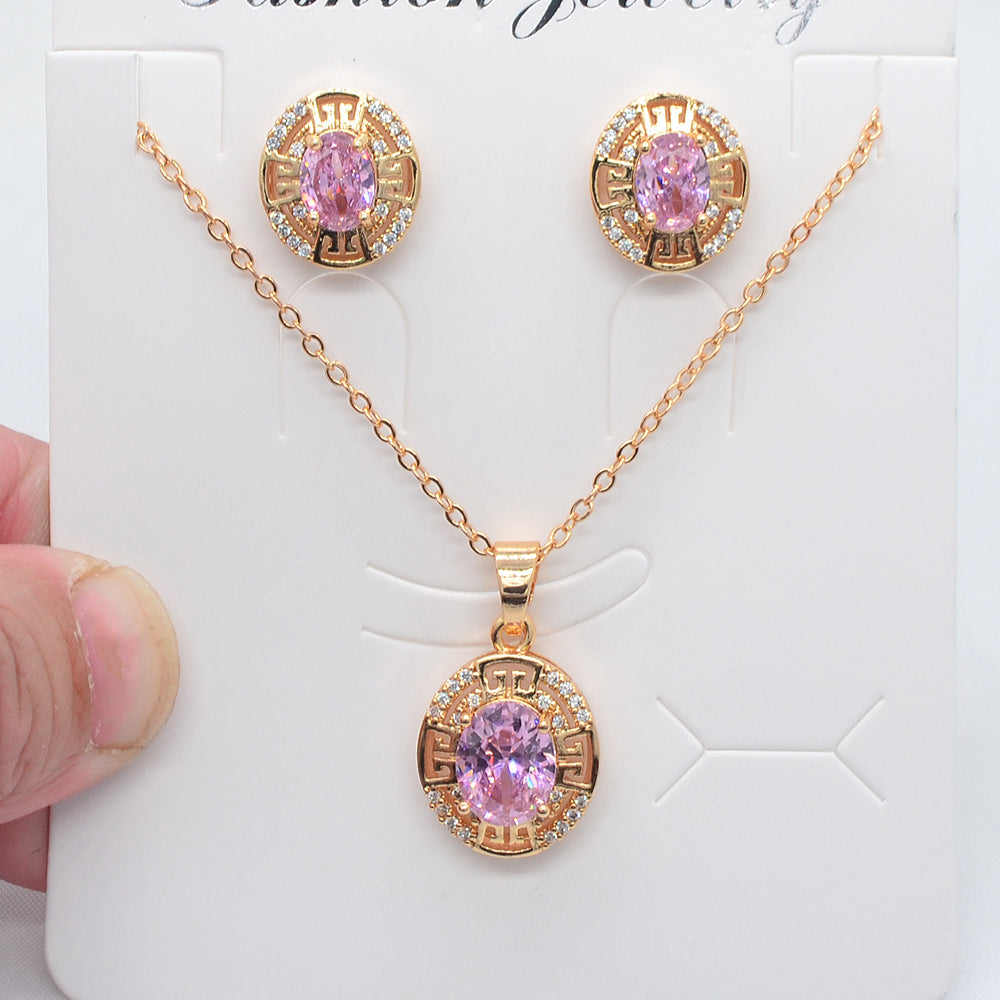 Wholesale Gold Plated Women Fashion Purple Zircon CZ Oval Jewelry Set