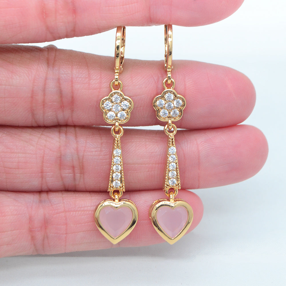Wholesale Gold Plated Women Pink Zircon CZ Love Heart Dangle Earrings Jewelry