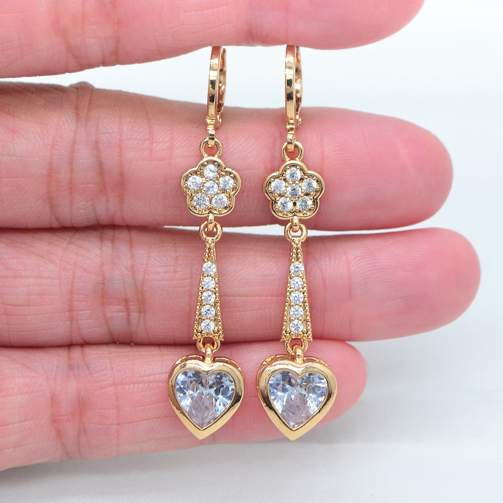 Wholesale Gold Plated Women Pink Zircon CZ Love Heart Dangle Earrings Jewelry