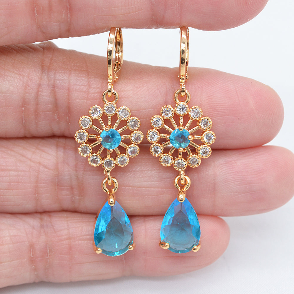 Wholesale Gold Plated Women Lake Blue Zircon CZ Teardrop Dangle Earrings Jewelry
