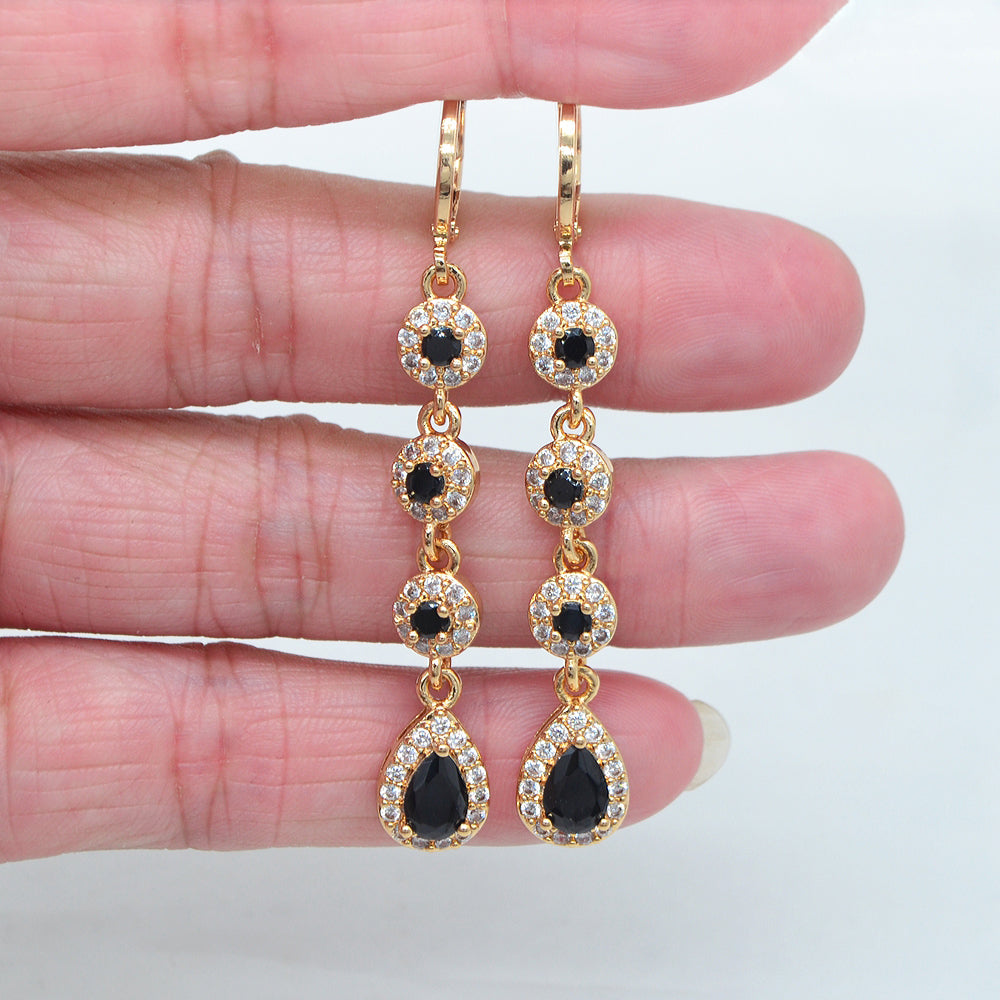 Wholesale Gold Plated Women Green Zircon CZ Long Teardrop Dangle Earrings Jewelry