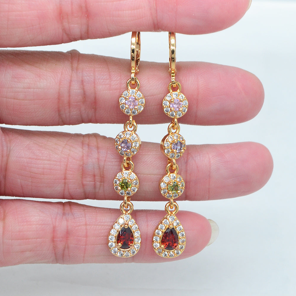 Wholesale Gold Plated Women Green Zircon CZ Long Teardrop Dangle Earrings Jewelry