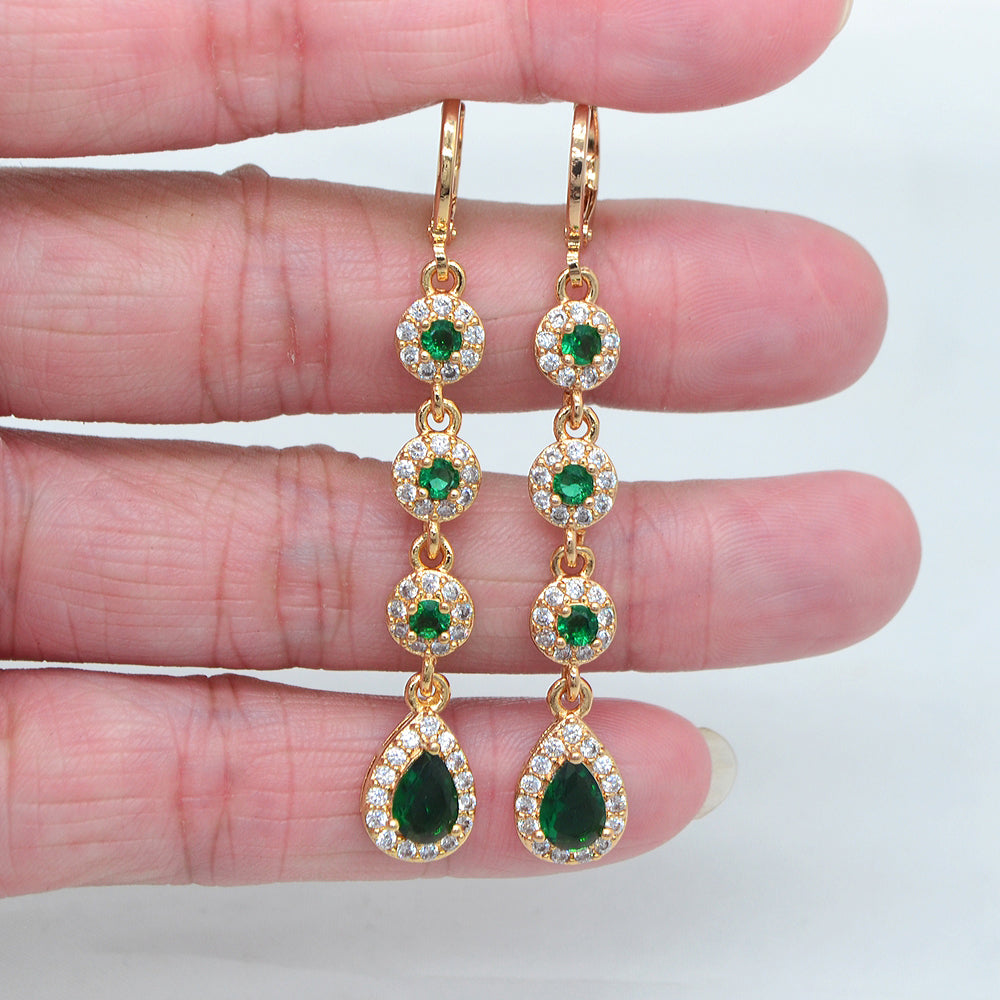 Wholesale Gold Plated Women Green Zircon CZ Long Teardrop Dangle Earrings Jewelry