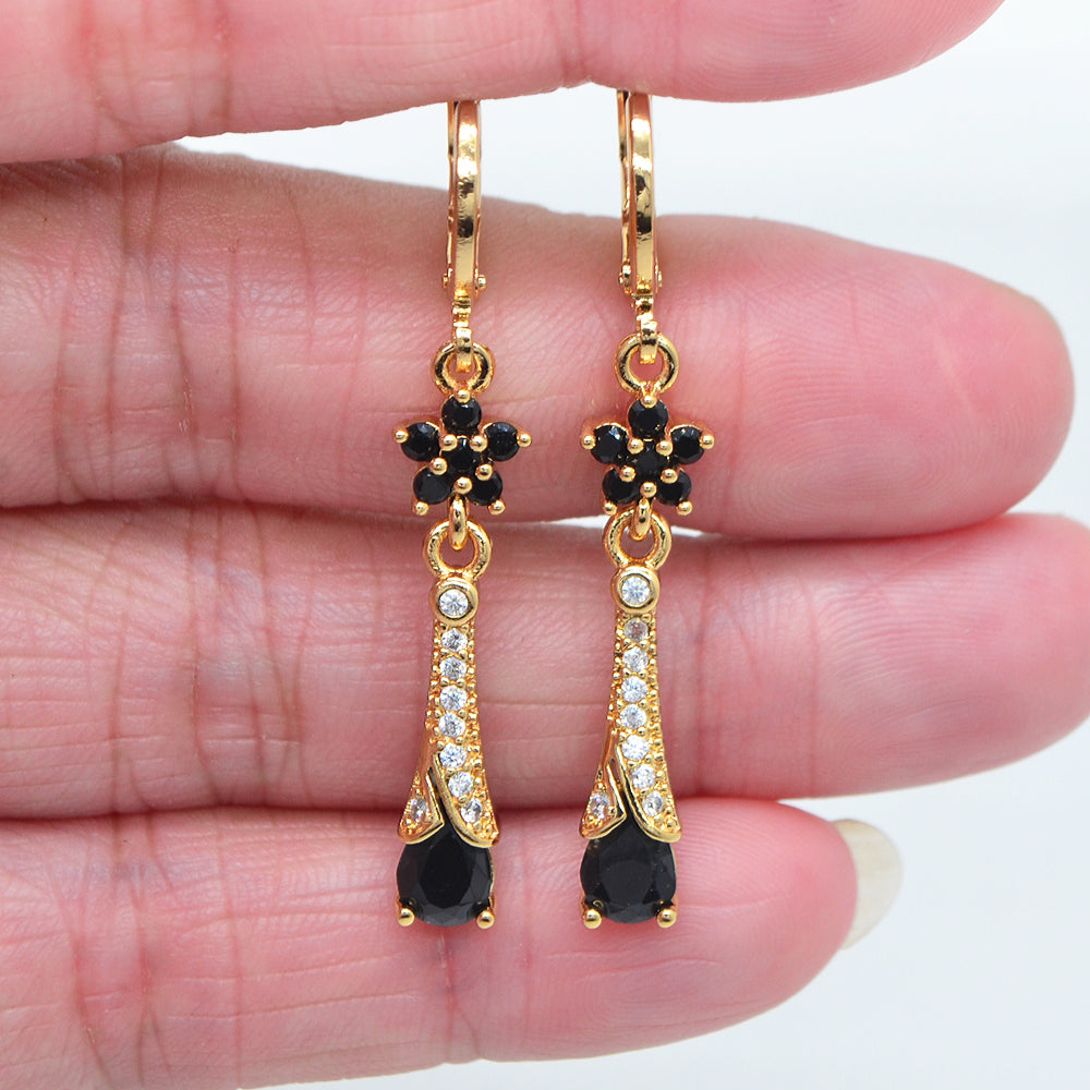 Wholesale Gold Plated Women Red Zircon CZ Flower Teardrop Dangle Earrings Jewelry