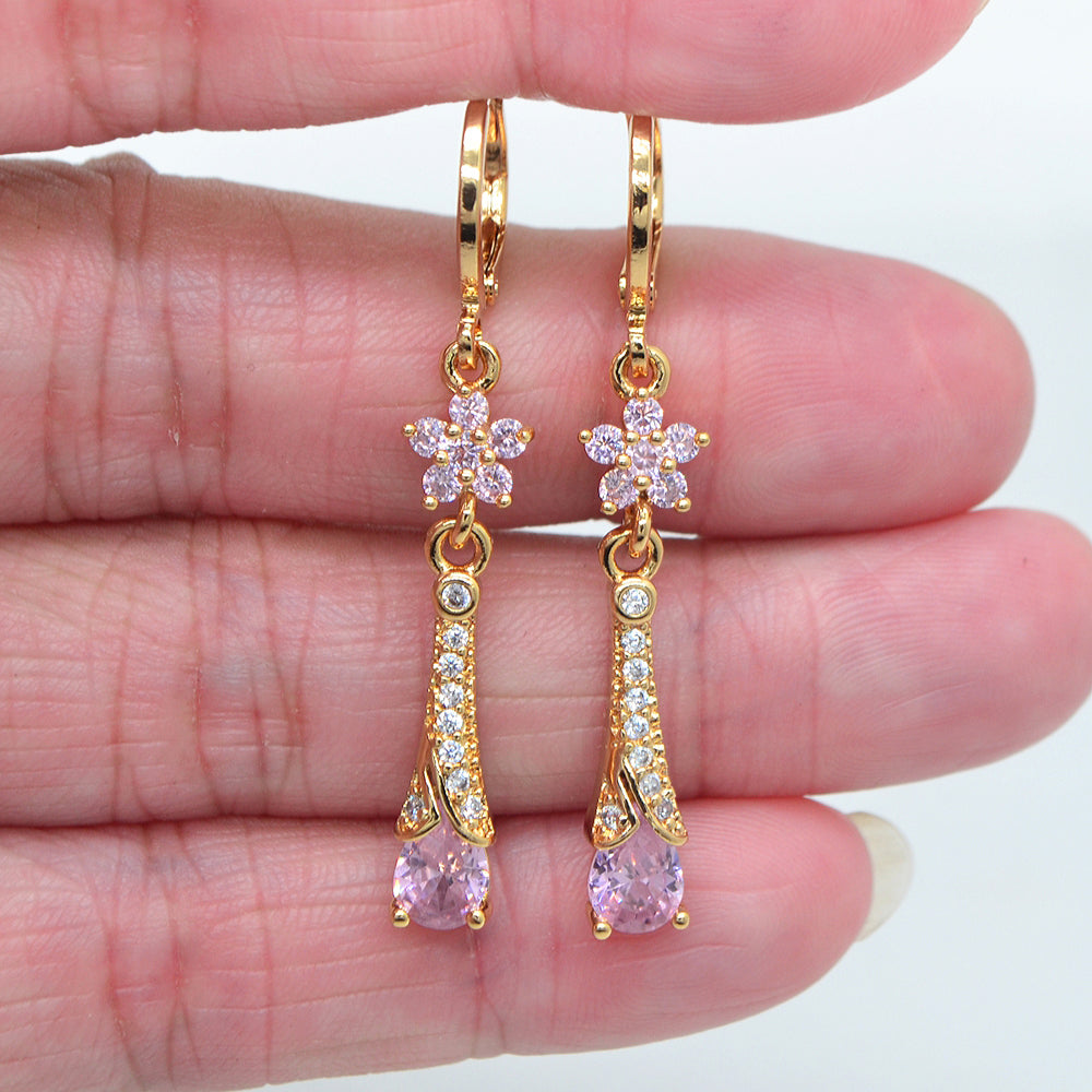 Wholesale Gold Plated Women Red Zircon CZ Flower Teardrop Dangle Earrings Jewelry