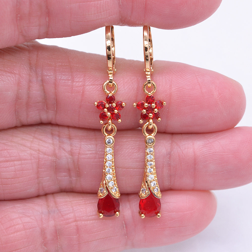 Wholesale Gold Plated Women Red Zircon CZ Flower Teardrop Dangle Earrings Jewelry