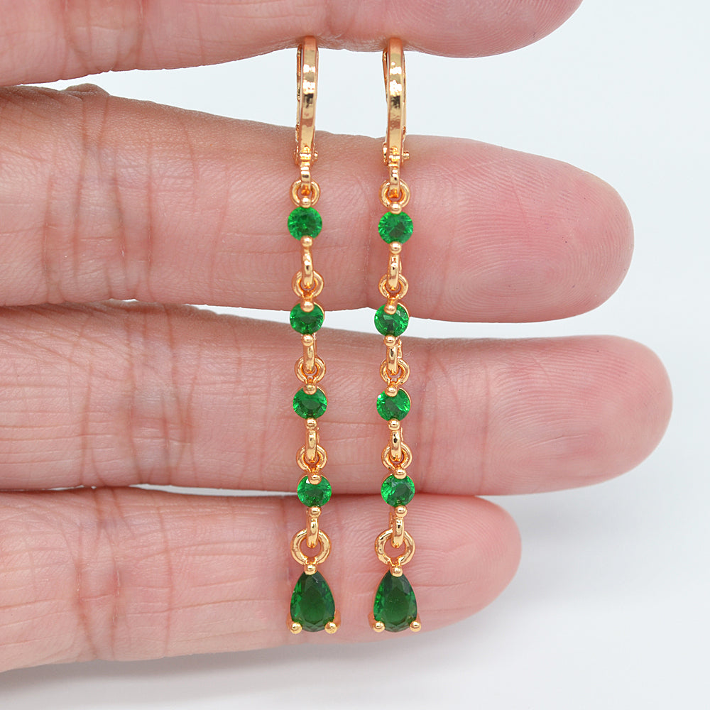 Wholesale Gold Plated Women Long Slim Green Zircon CZ Dangle Earrings Jewelry
