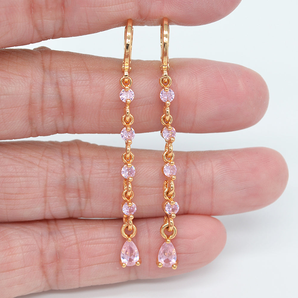 Wholesale Gold Plated Women Long Slim Green Zircon CZ Dangle Earrings Jewelry