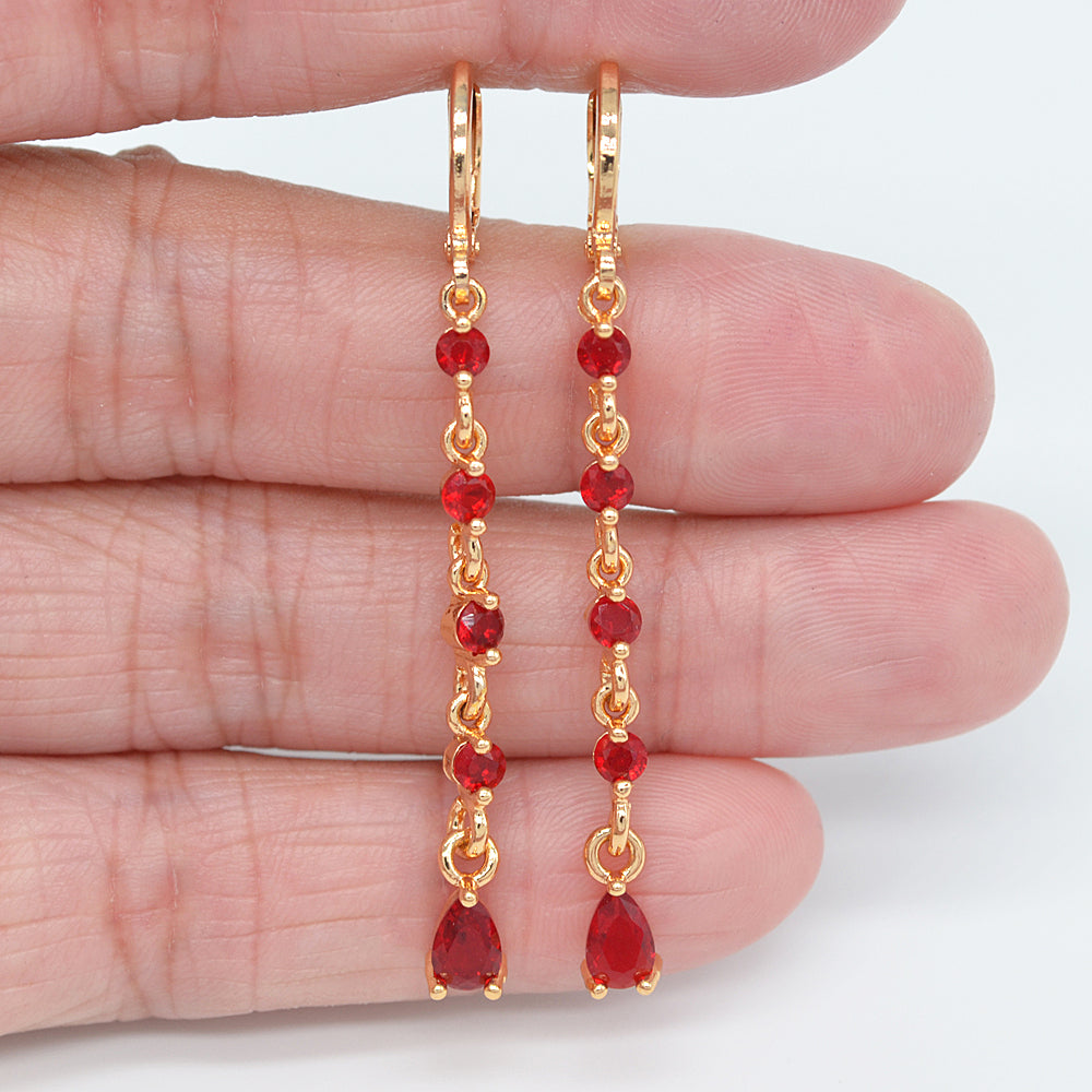 Wholesale Gold Plated Women Long Slim Green Zircon CZ Dangle Earrings Jewelry