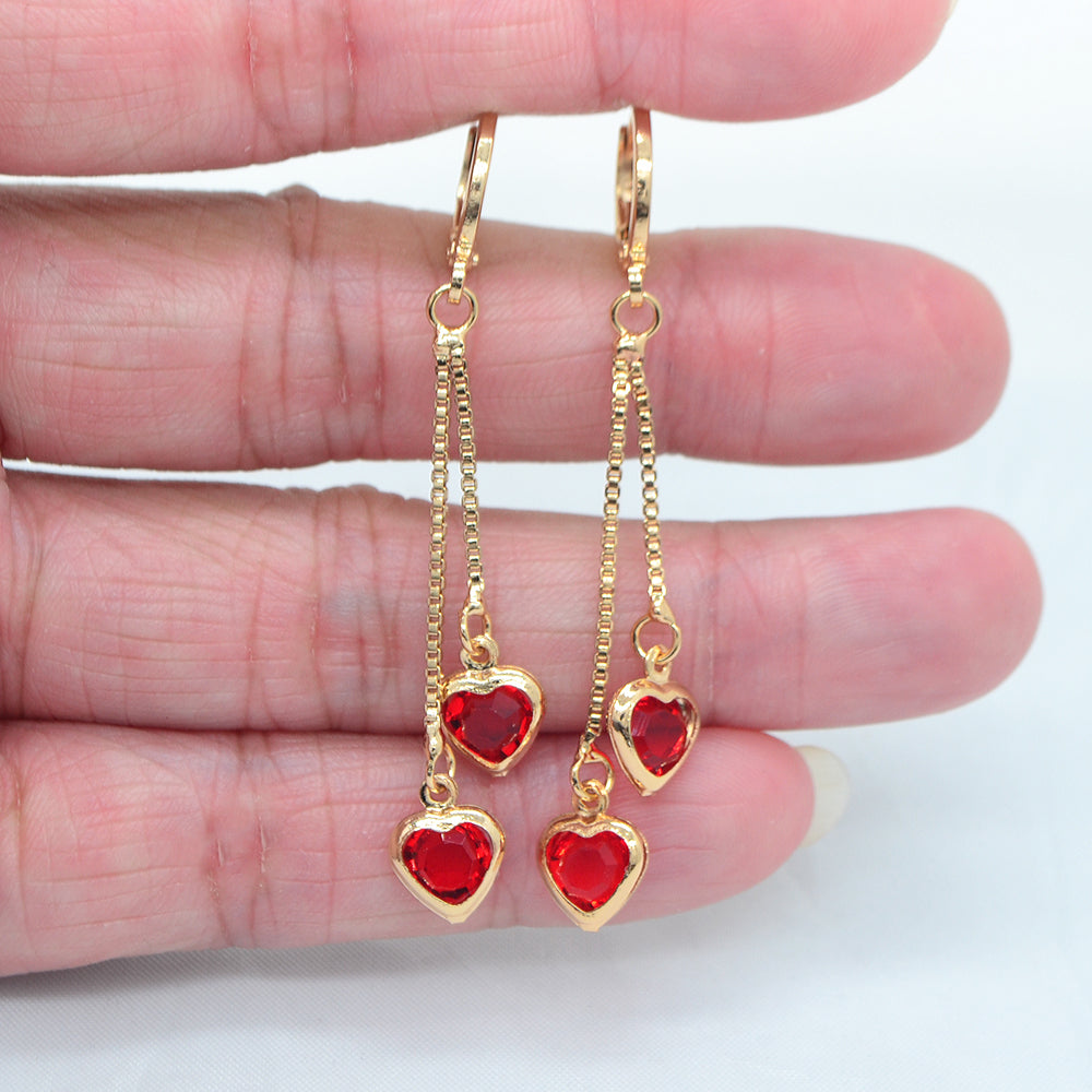 Wholesale Gold Plated Women Red Zircon CZ Hearts Tassel Dangle Earrings Jewelry