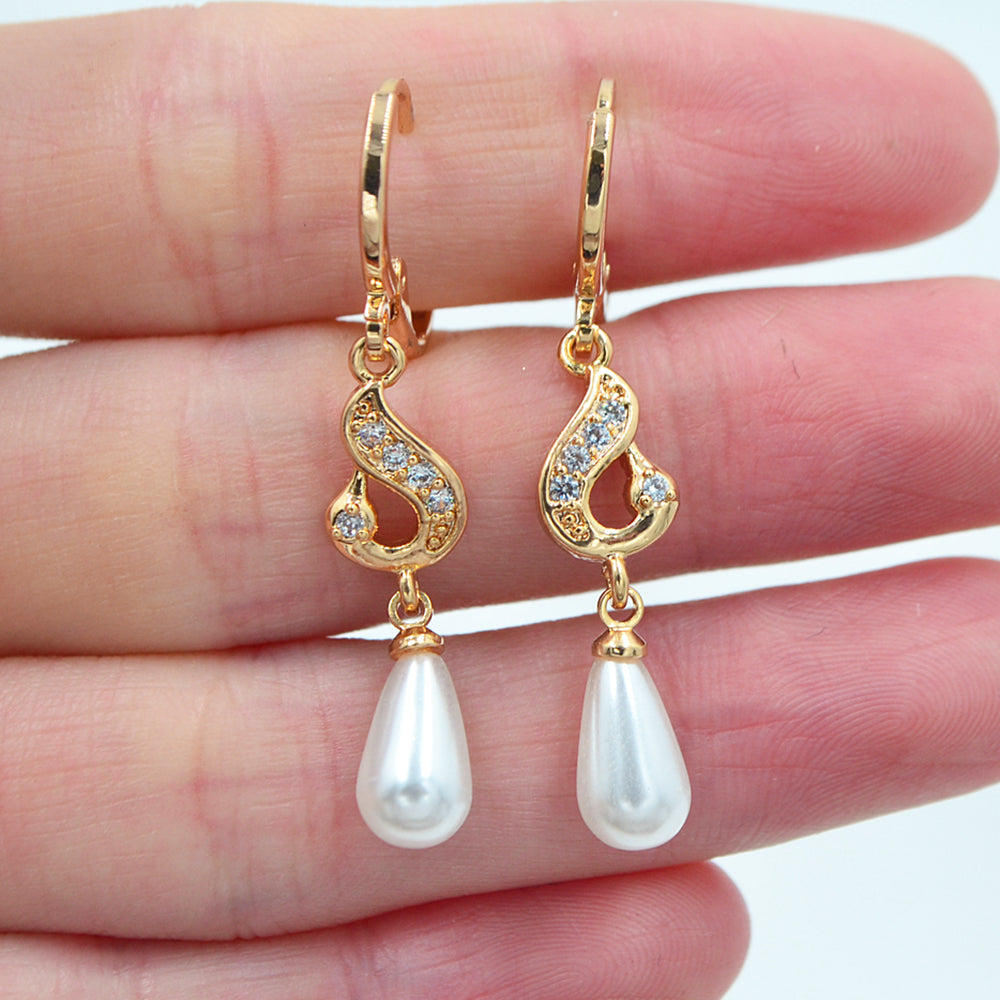 Wholesale Gold Plated Women Clear Zircon CZ White Teardrop Pearl Dangle Earrings Jewelry
