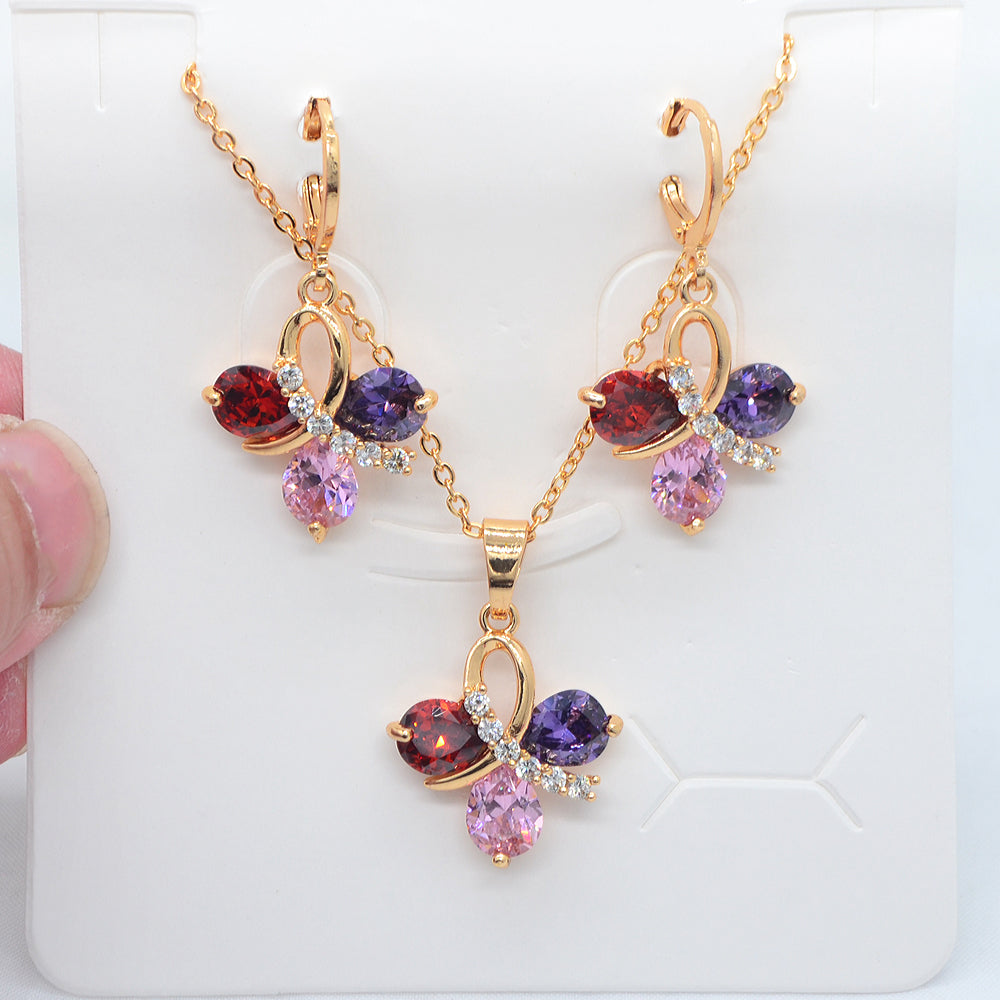 Wholesale Gold Plated Women Trendy Multicolor Zircon CZ Flower Jewelry Set
