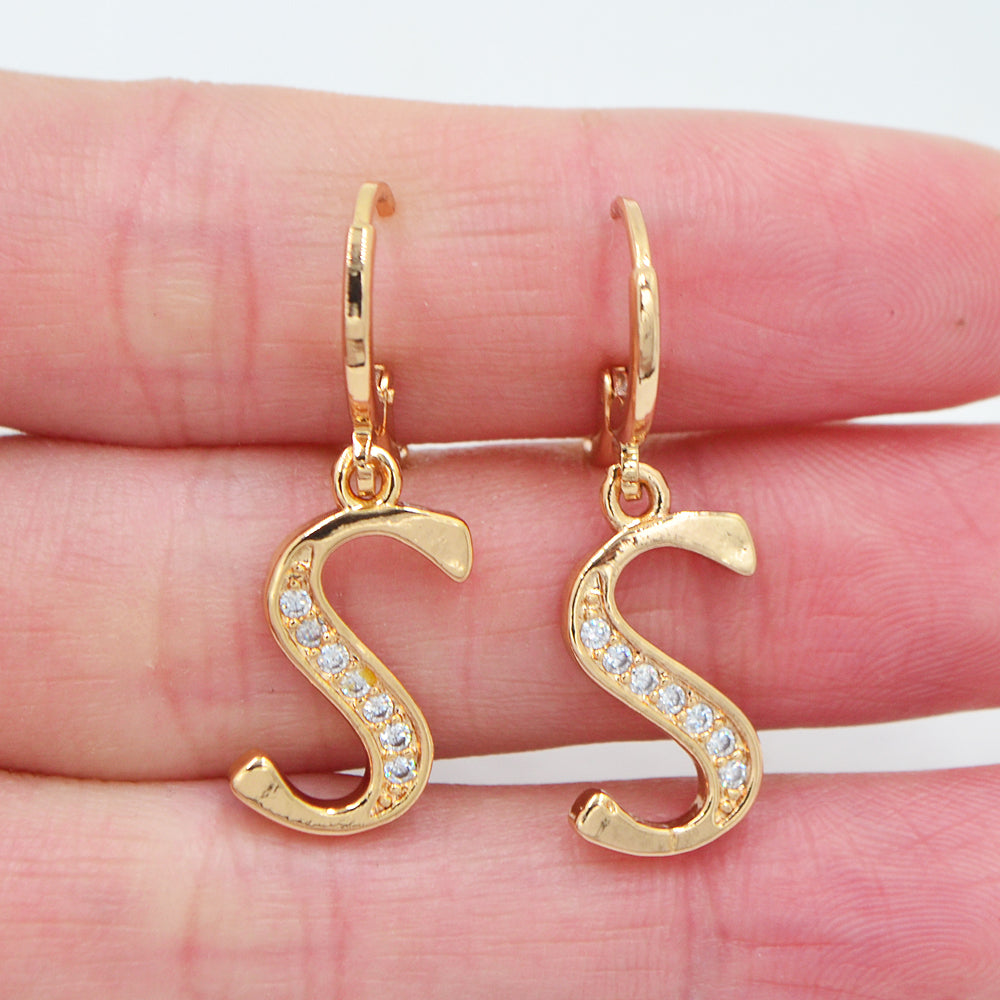 Wholesale Gold Plated Women Clear Zircon CZ Alphbet Letter A to Z Dangle Earrings Jewelry