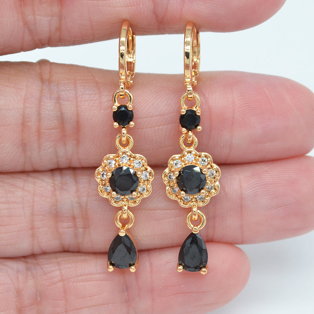 Wholesale Gold Plated Women Jade Blue Zircon CZ Flower Dangle Earrings Jewelry