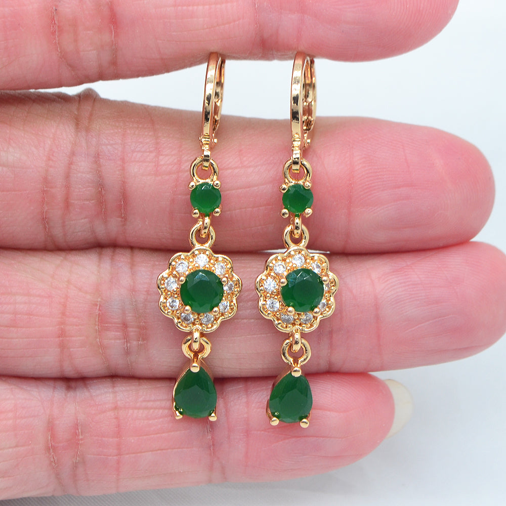 Wholesale Gold Plated Women Jade Blue Zircon CZ Flower Dangle Earrings Jewelry