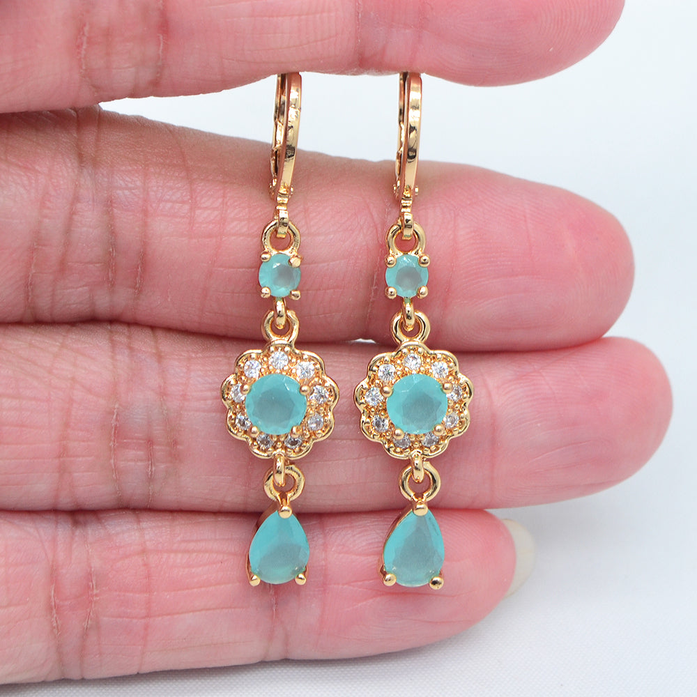 Wholesale Gold Plated Women Jade Blue Zircon CZ Flower Dangle Earrings Jewelry