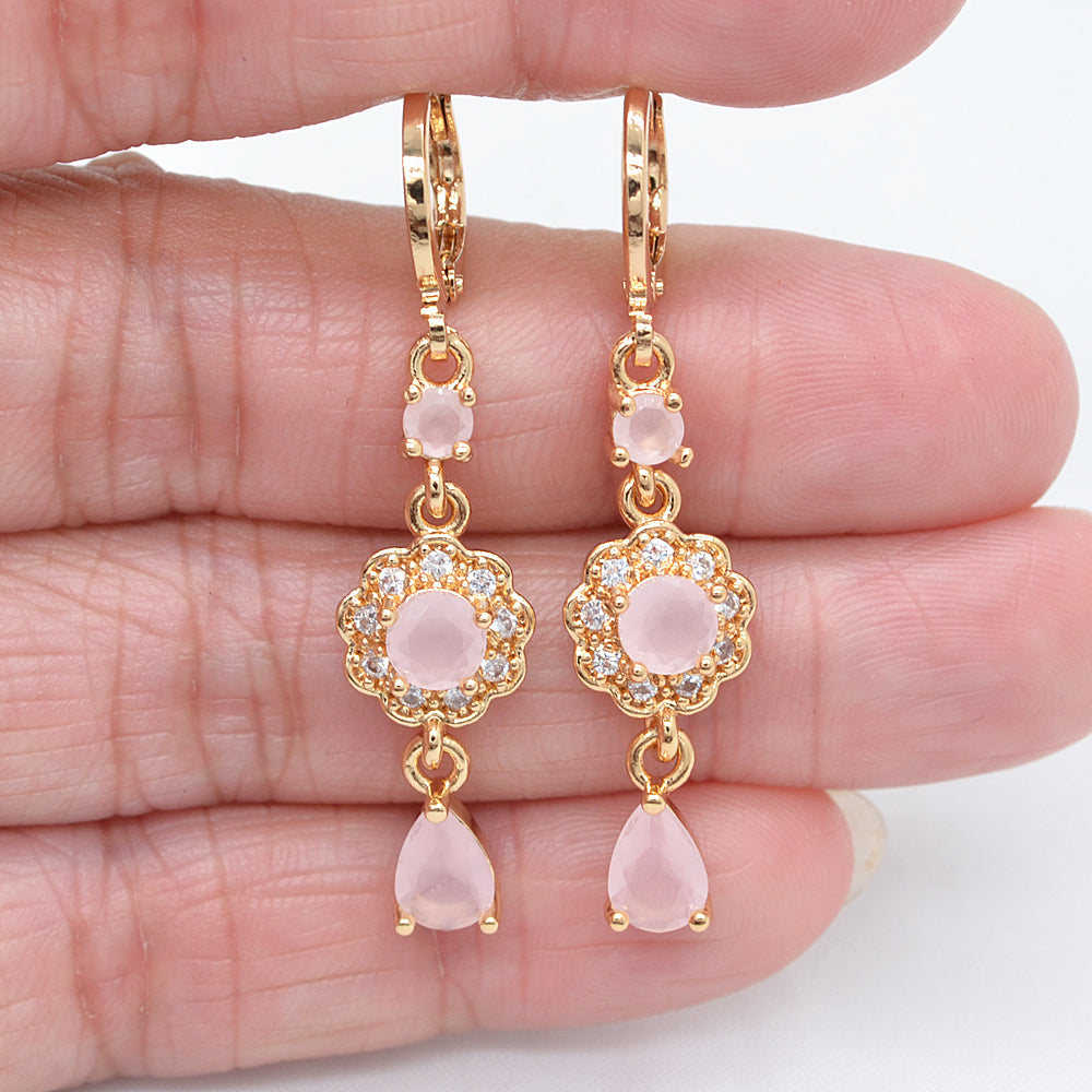 Wholesale Gold Plated Women Jade Blue Zircon CZ Flower Dangle Earrings Jewelry