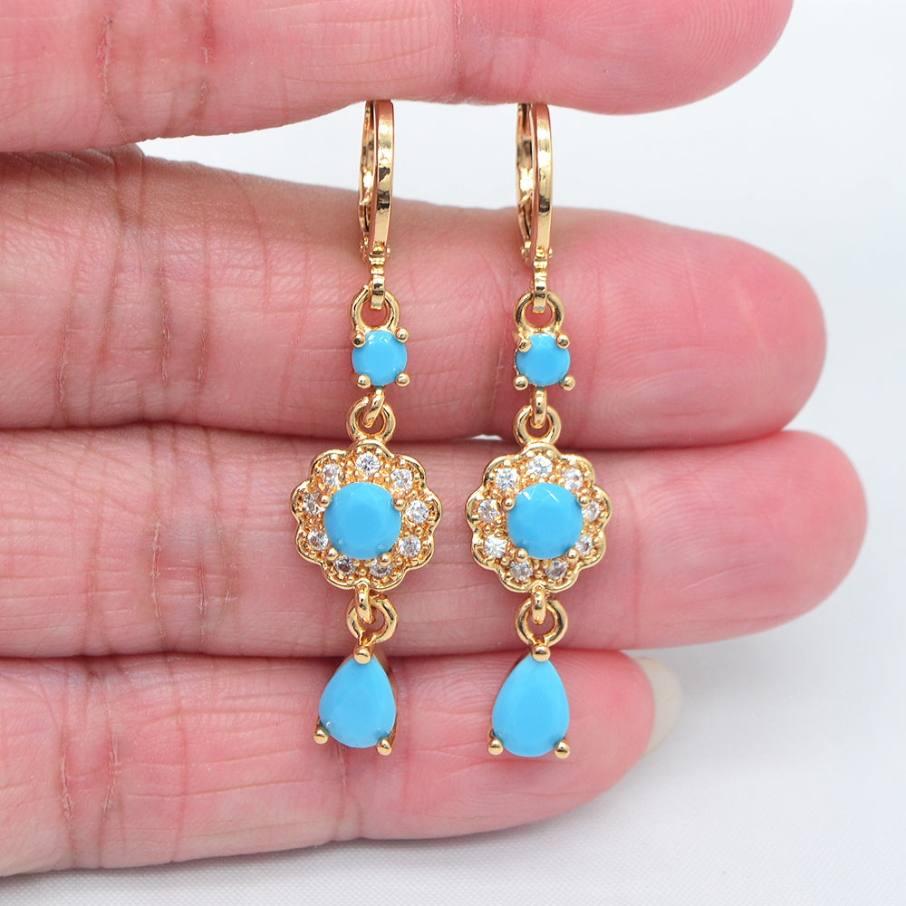 Wholesale Gold Plated Women Jade Blue Zircon CZ Flower Dangle Earrings Jewelry