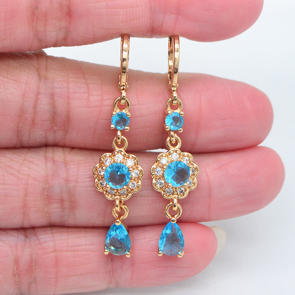 Wholesale Gold Plated Women Jade Blue Zircon CZ Flower Dangle Earrings Jewelry